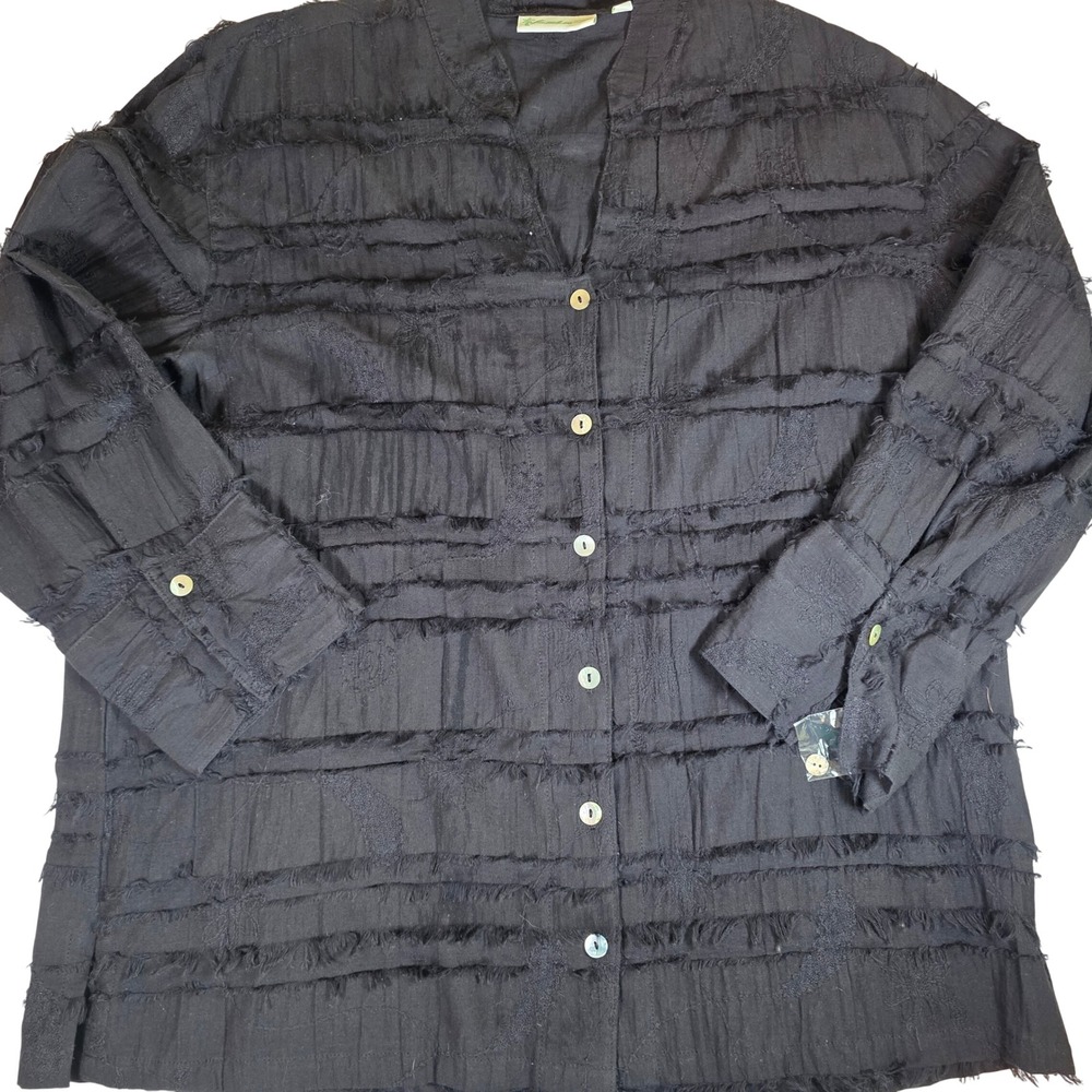 LULU-B Black Textured Cotton Button-Up Shirt Women L Embroidered Fringe Boho Top